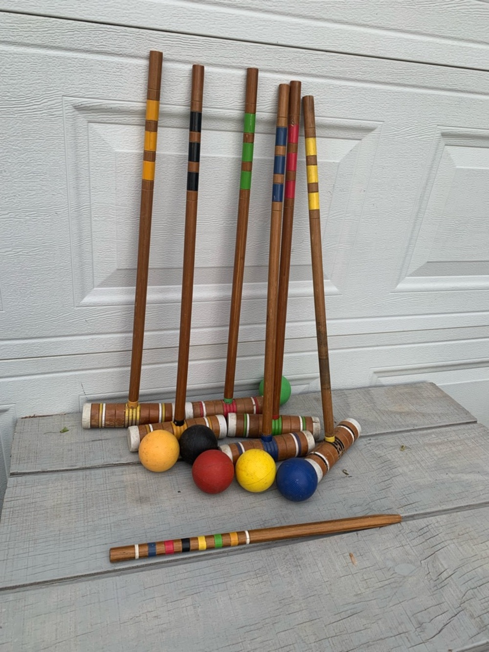 Vintage Wooden Croquet Set 6 Player Color Stripe Mallets Balls Outdoor Game